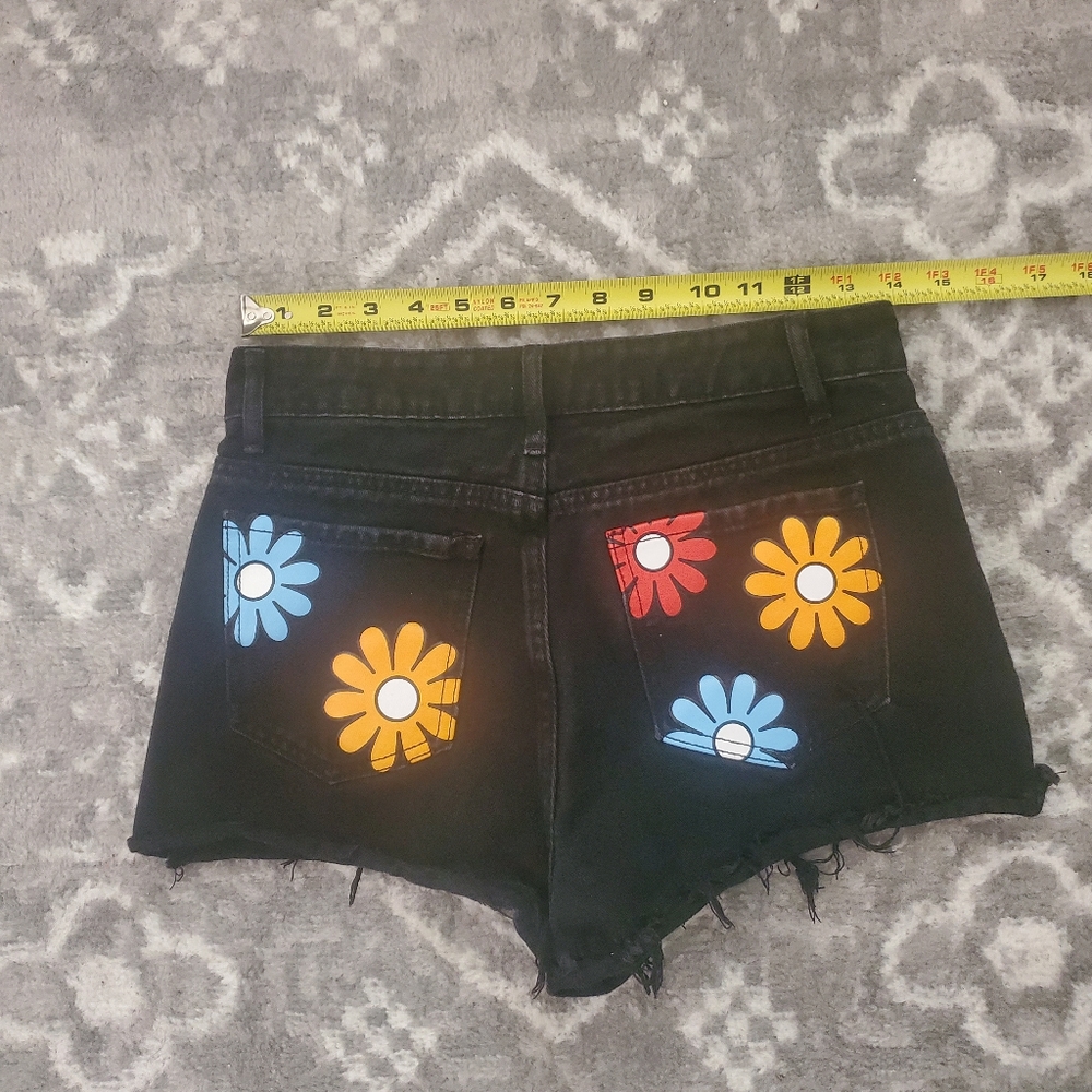 SHEIN Black Denim Shorts with Colorful Floral Design Very Cute !!!!